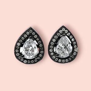 Halo Pear Silver Stud Earrings